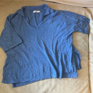Blue Cotton Shirt sleeve V-Neck Lightweight Sweater with Collar
